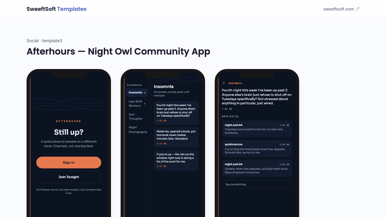 Preview of Afterhours — Night Owl Community App